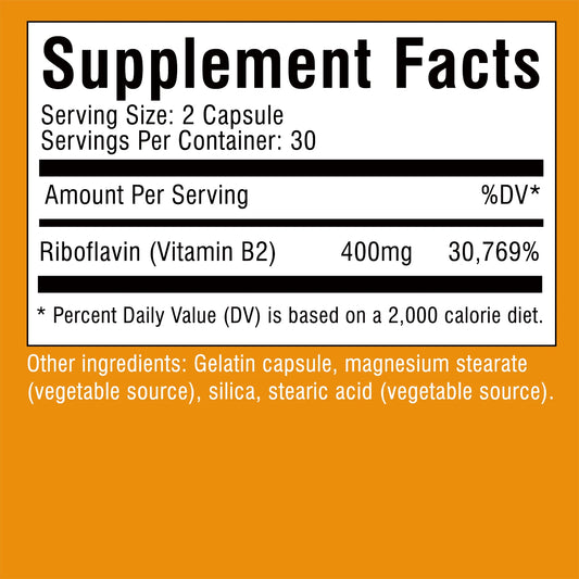 Vitamin B2 400mg - Promotes Energy Production and Metabolism, Support Brain Joint & Nervous System Health - 60 Capsules