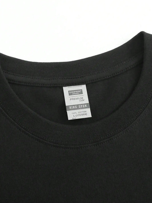 Plus Size Black Short Sleeve T-Shirt With“Group Hug” Cartoon Pattern Suitable for Outdoor Leisure Wear in Summer