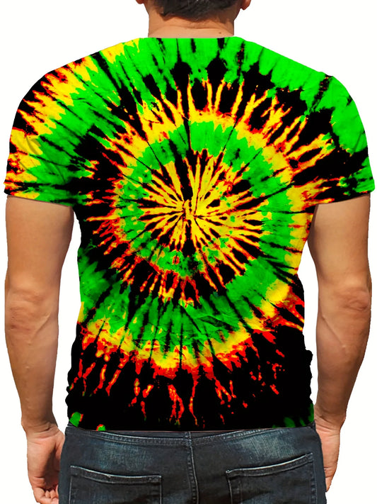 Men's Plus Size Tie-Dye T-Shirt - Vibrant 3D Geometric Pattern, Casual Crew Neck, Soft & Breathable Polyester,