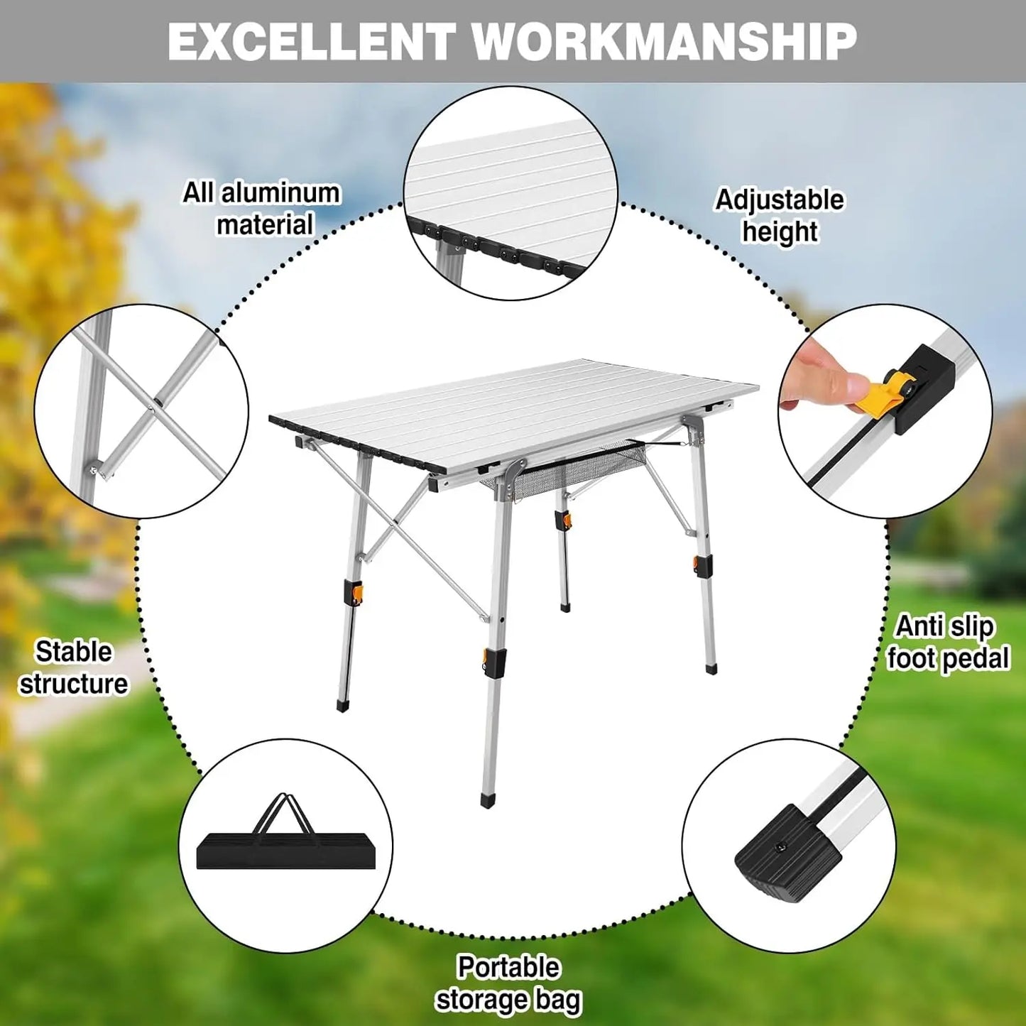 Efan 90X53CM(3FT)Folding Camping Beach Table+Storage Net,Aluminium Roll Up Table Height Adjustable+Bag for Picnic Garden BBQ