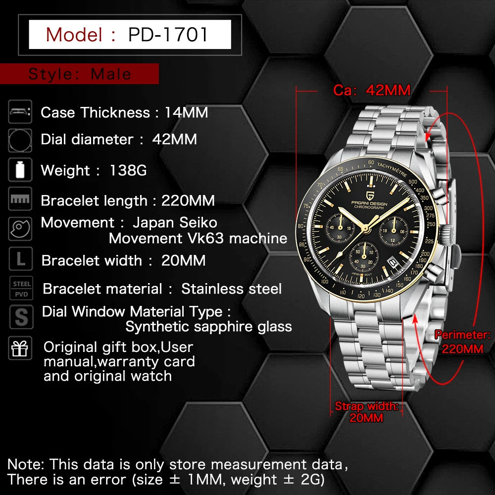 PAGANI DESIGN 2025 New Men's Watches Brand Luxury Quartz Watch Sport Chronograph Automatic Date AR Sapphire crystal Wristwatch