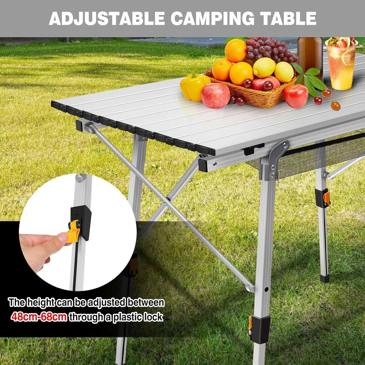 Efan 90X53CM(3FT)Folding Camping Beach Table+Storage Net,Aluminium Roll Up Table Height Adjustable+Bag for Picnic Garden BBQ