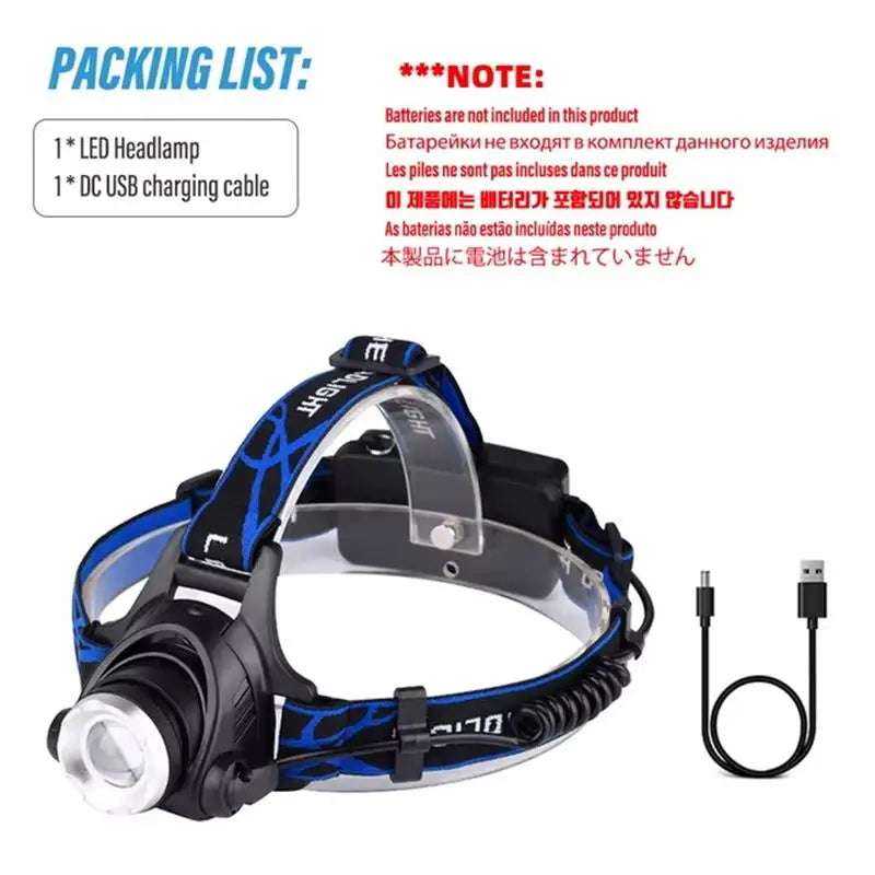 Super Bright Powerful LED Fishing Headlamp 3 Lighting Modes Rechargeable Telescopic Zoom Flashlight Camping Bicycle Torch
