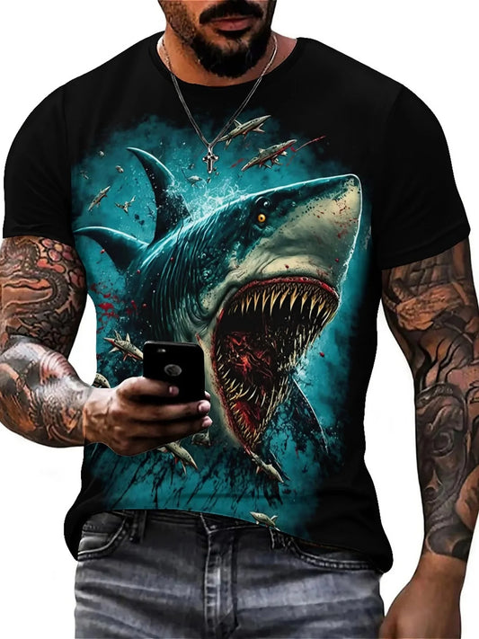 Men's 3D Shark Print T-Shirt - Black Gradient Design with Blood Splatter, Loose Fit, Breathable Fabric, Fun Cartoon Pattern