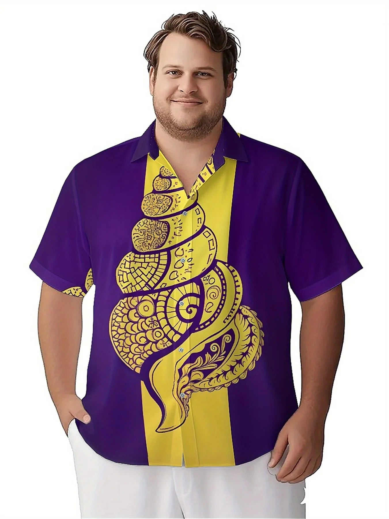 Men's Plus Size Hawaiian Shirts Purple and Yellow Spiral Art Pattern,New in Summer Fashion Tops,Hip Hop Rock Streetwear