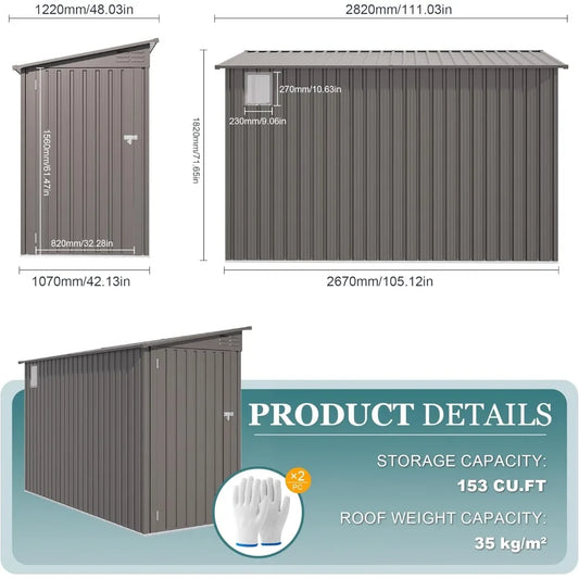 4 * 9.2 FT Outdoor Storage Shed, Galvanized Steel Garden Shed with Lockable Door & Window, Waterproof Metal Tool Storage for Gar