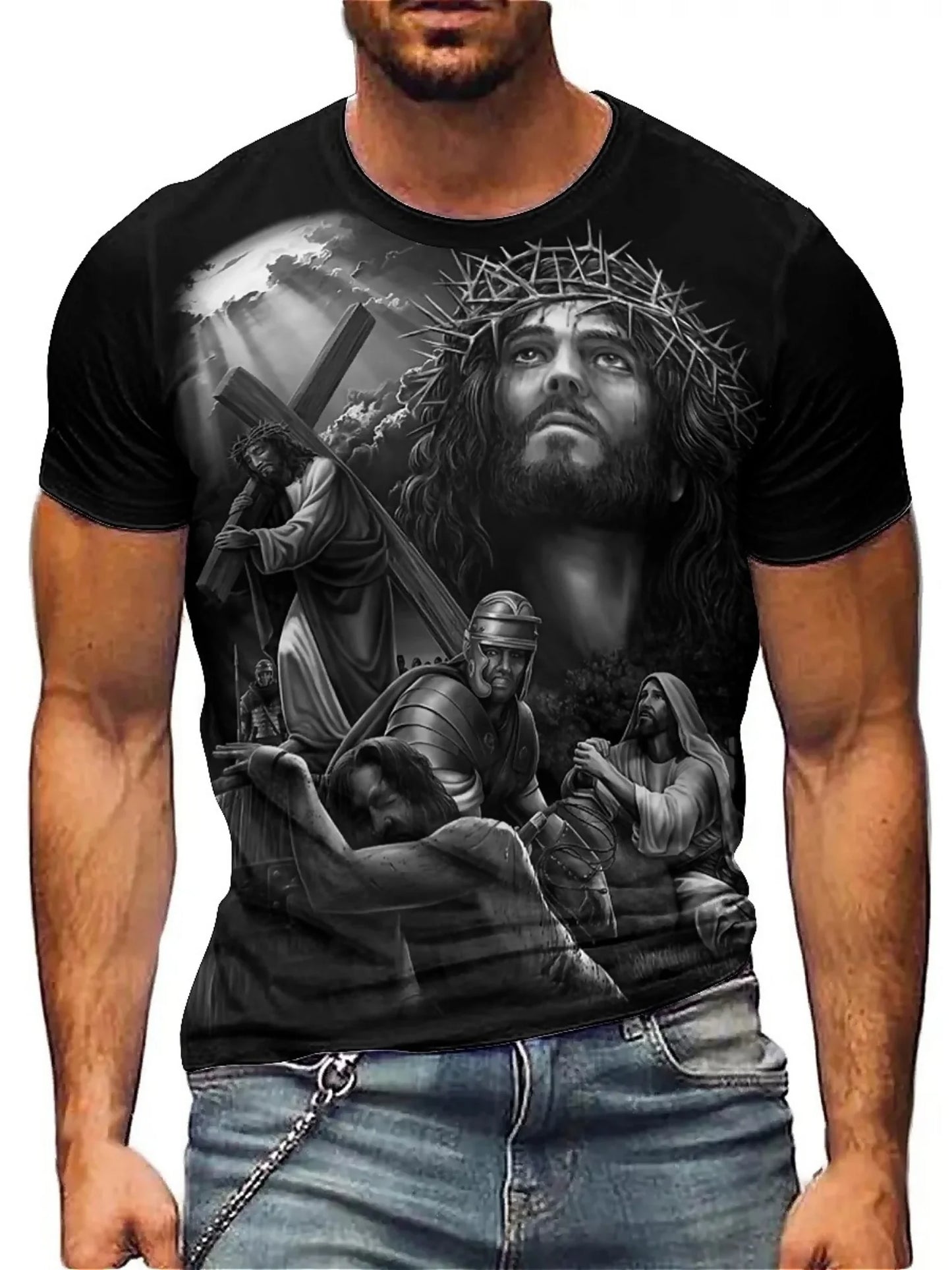 Men'S Plus Size Jesus 3D Print Short Sleeve T-Shirt - Soft Polyester Comfortable Round Neck Tee with Cross & Figures Design