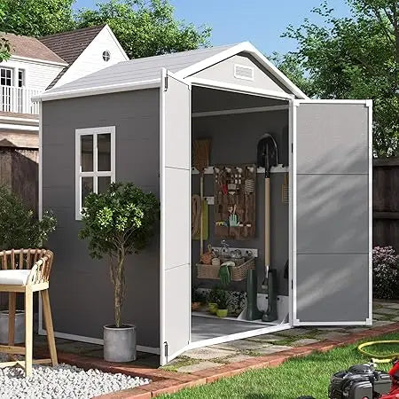 Outdoor Resin Storage Shed 6x4.5 FT, Plastic Garden Shed for Bike, Garbage Can, , Outside Sheds with Lockable Door for Back