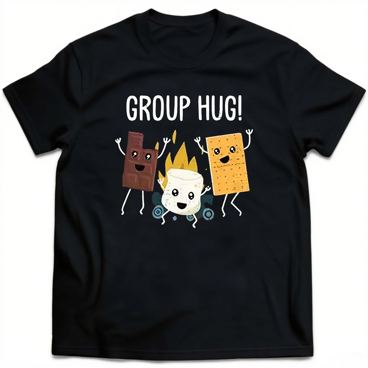 Plus Size Black Short Sleeve T-Shirt With“Group Hug” Cartoon Pattern Suitable for Outdoor Leisure Wear in Summer