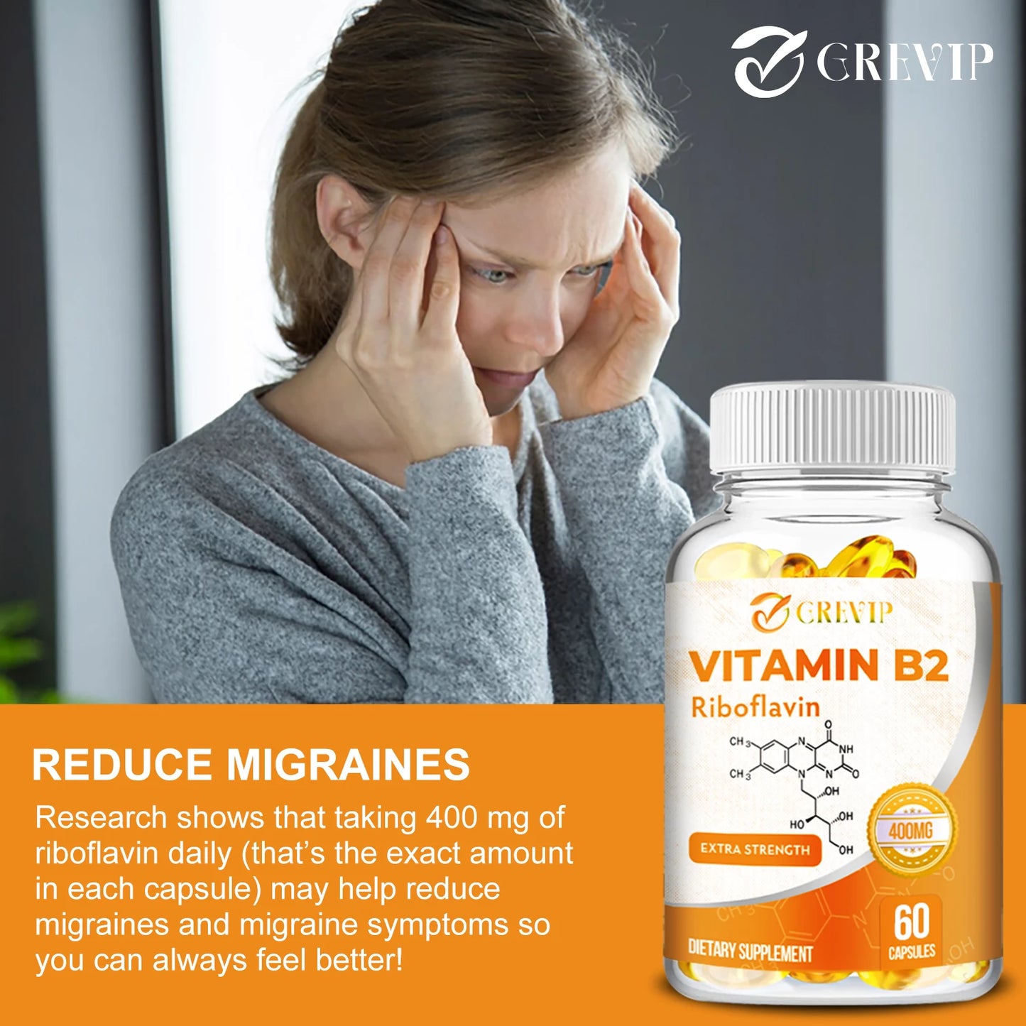 Vitamin B2 400mg - Promotes Energy Production and Metabolism, Support Brain Joint & Nervous System Health - 60 Capsules