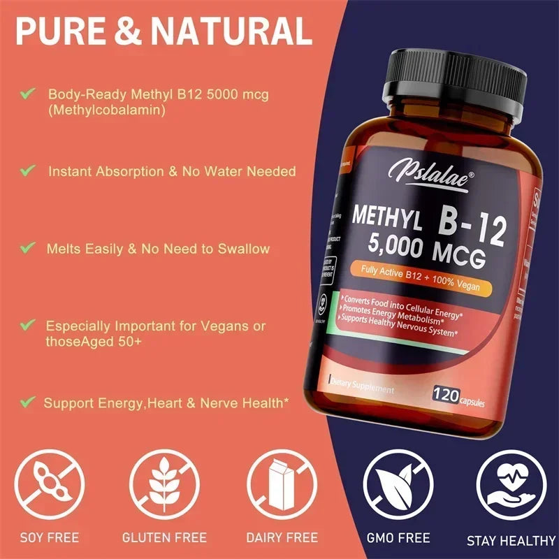 Vitamin B12 5000 Mcg - Supports Energy Levels, Mind, Nervous System - Blood Cell Production, Fatigue Relief, Heart Health