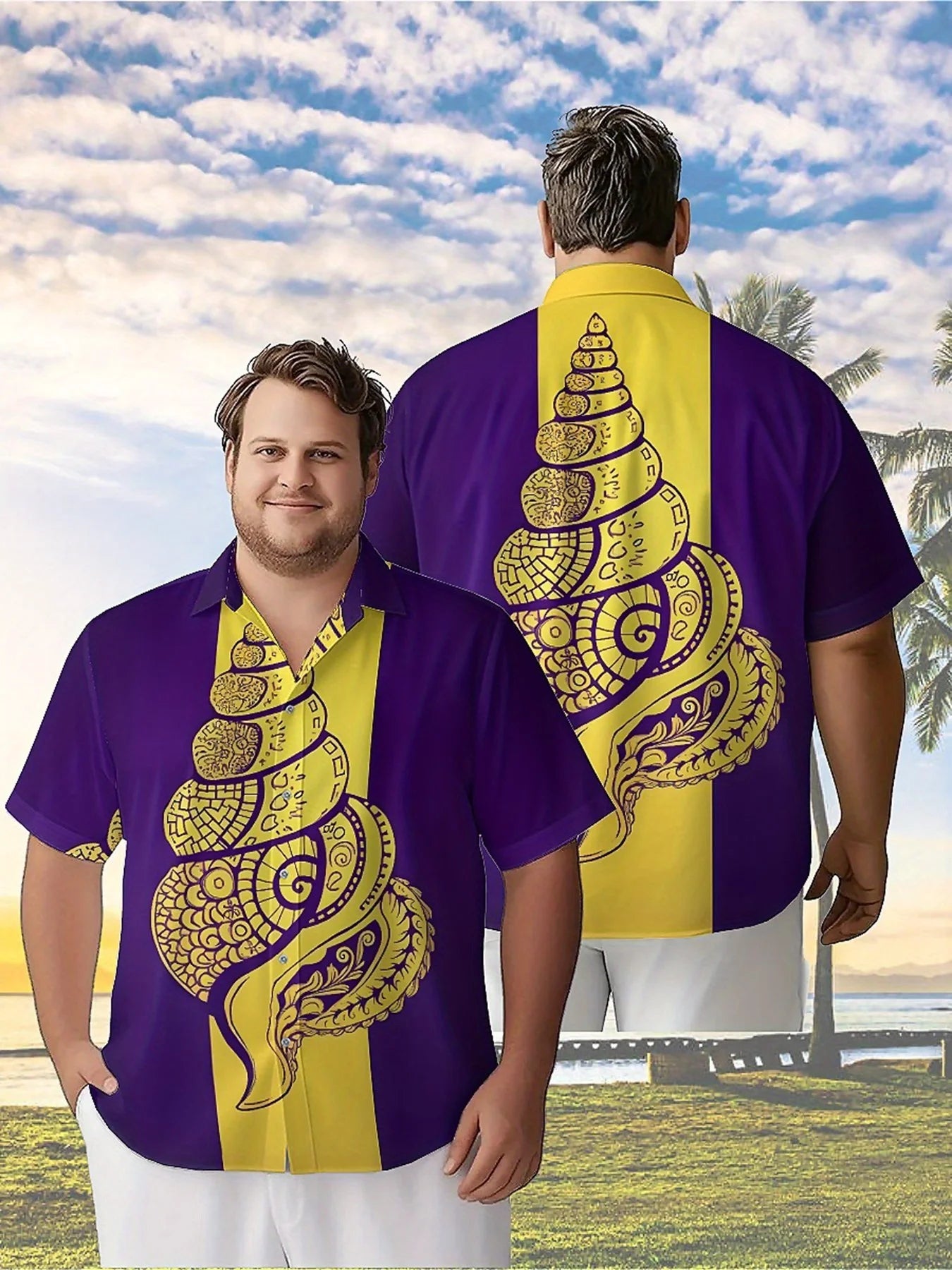 Men's Plus Size Hawaiian Shirts Purple and Yellow Spiral Art Pattern,New in Summer Fashion Tops,Hip Hop Rock Streetwear
