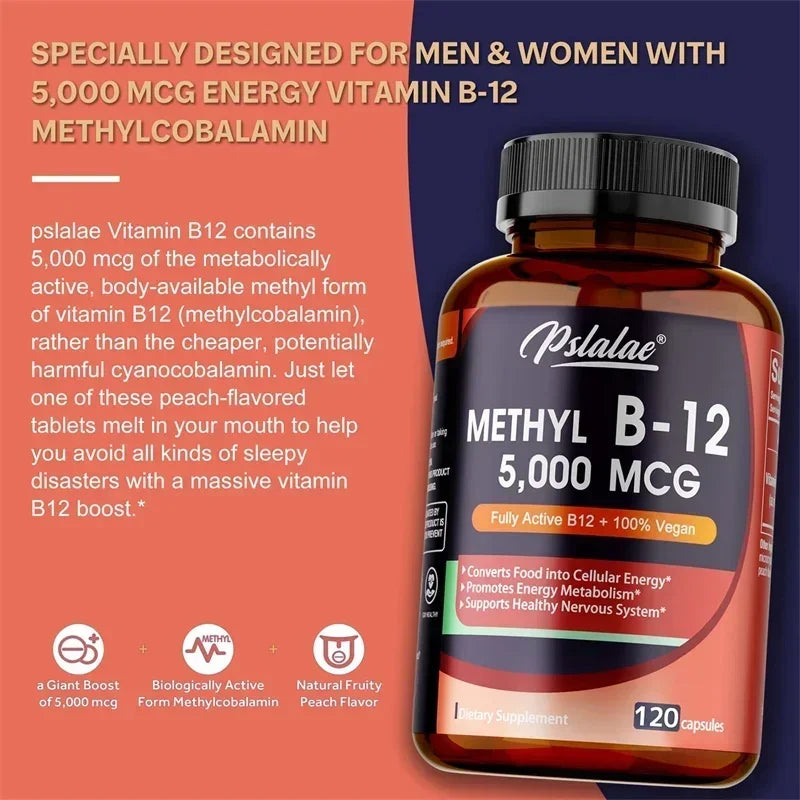 Vitamin B12 5000 Mcg - Supports Energy Levels, Mind, Nervous System - Blood Cell Production, Fatigue Relief, Heart Health