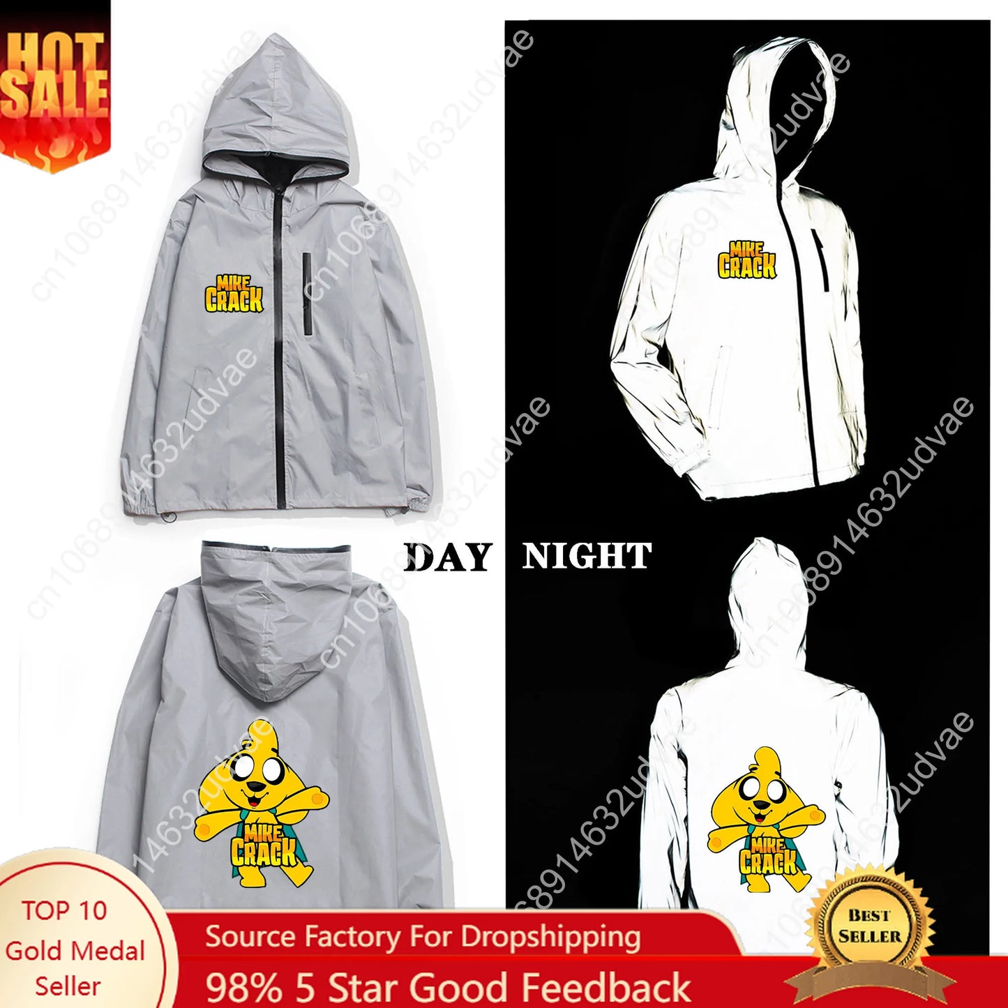 Mikecracks Reflective Jacket Mens Womens Coat Hooded Windbreaker Runing Pocket Jackets Cycling Hiking Zipper Customized Hoodie