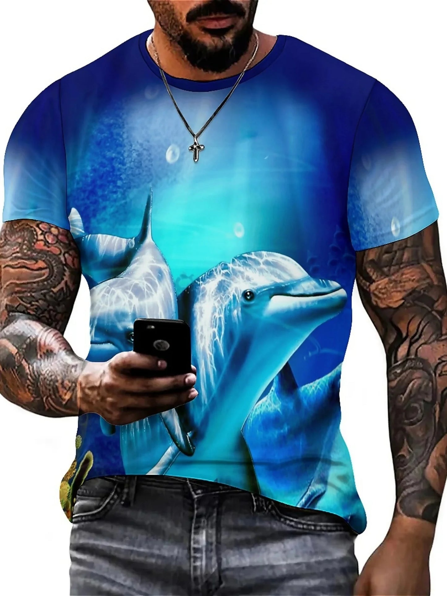 Men'S Ocean Animal Dolphin Print T-Shirt, Casual Crew Neck Short Sleeve Tee, Summer Graphic Top for Daily and Weekend Wear