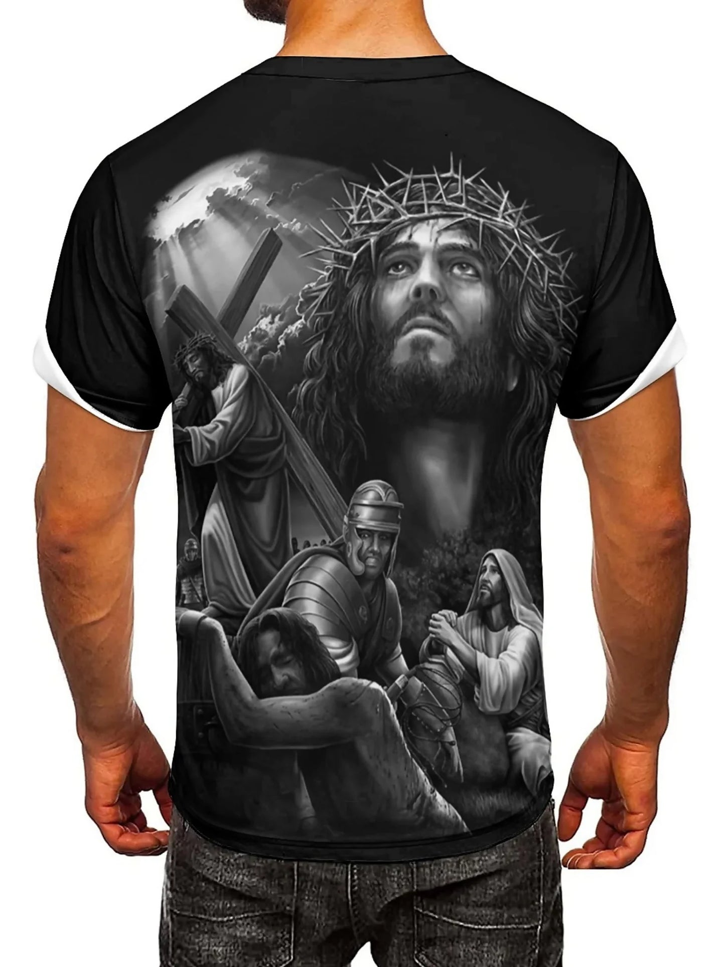 Men'S Plus Size Jesus 3D Print Short Sleeve T-Shirt - Soft Polyester Comfortable Round Neck Tee with Cross & Figures Design