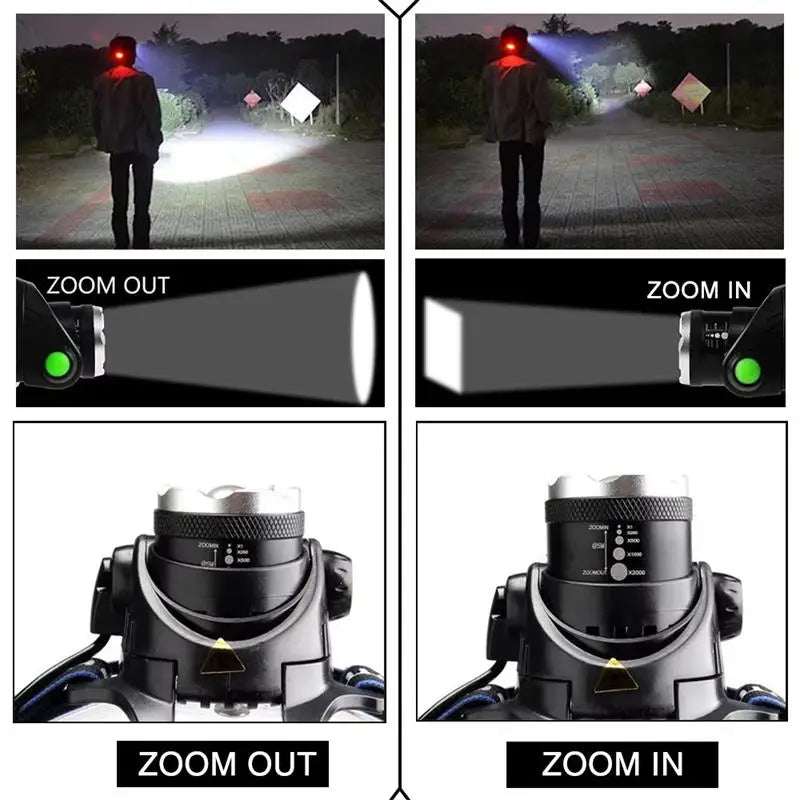 Super Bright Powerful LED Fishing Headlamp 3 Lighting Modes Rechargeable Telescopic Zoom Flashlight Camping Bicycle Torch