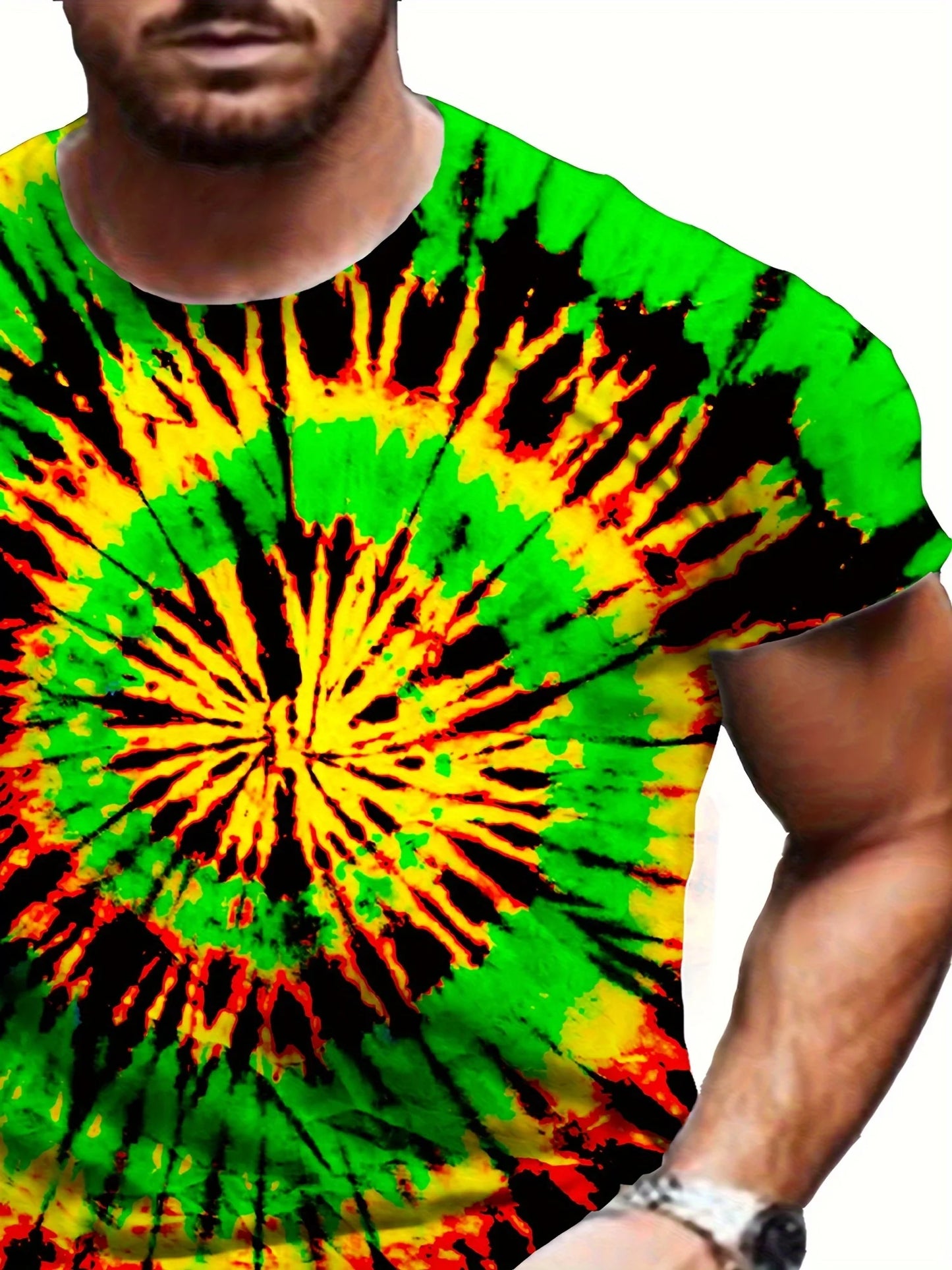 Men's Plus Size Tie-Dye T-Shirt - Vibrant 3D Geometric Pattern, Casual Crew Neck, Soft & Breathable Polyester,
