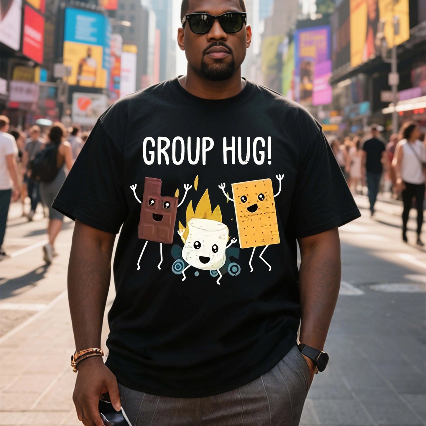 Plus Size Black Short Sleeve T-Shirt With“Group Hug” Cartoon Pattern Suitable for Outdoor Leisure Wear in Summer