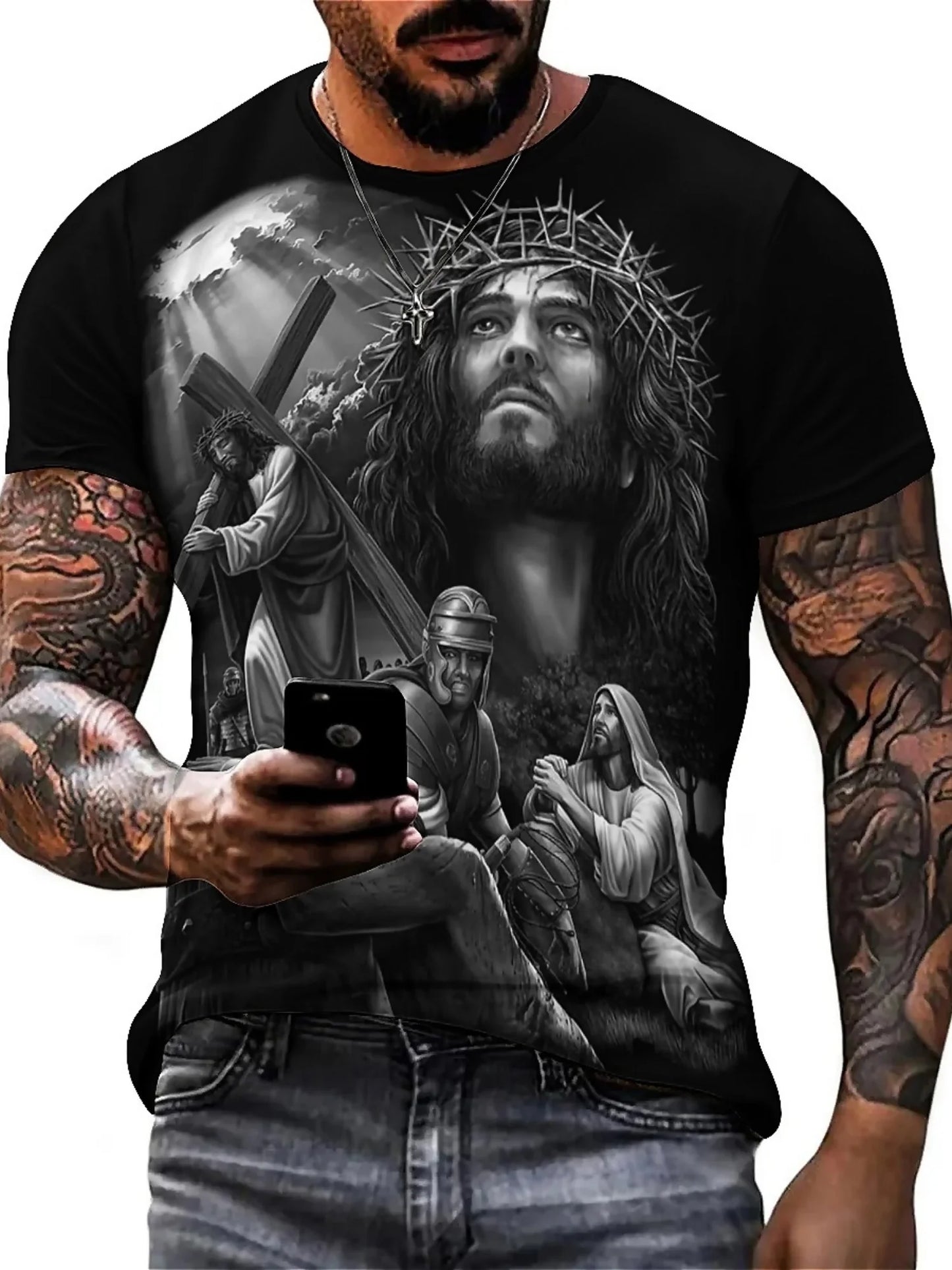 Men'S Plus Size Jesus 3D Print Short Sleeve T-Shirt - Soft Polyester Comfortable Round Neck Tee with Cross & Figures Design