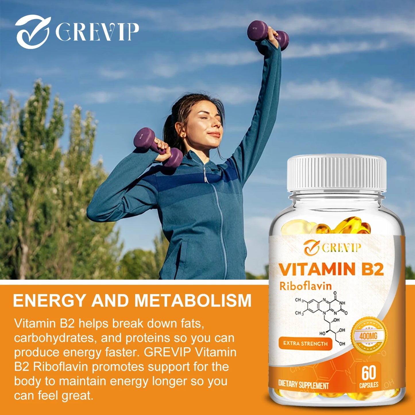Vitamin B2 400mg - Promotes Energy Production and Metabolism, Support Brain Joint & Nervous System Health - 60 Capsules