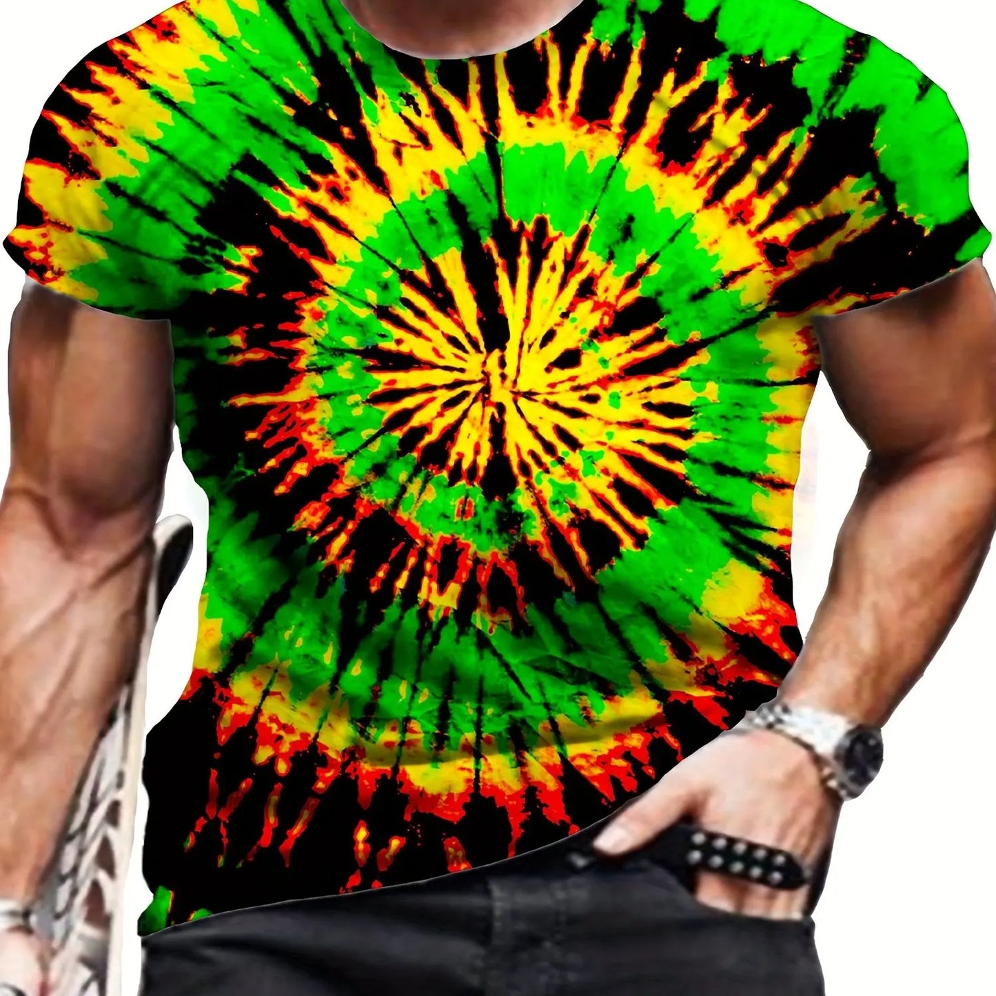 Men's Plus Size Tie-Dye T-Shirt - Vibrant 3D Geometric Pattern, Casual Crew Neck, Soft & Breathable Polyester,