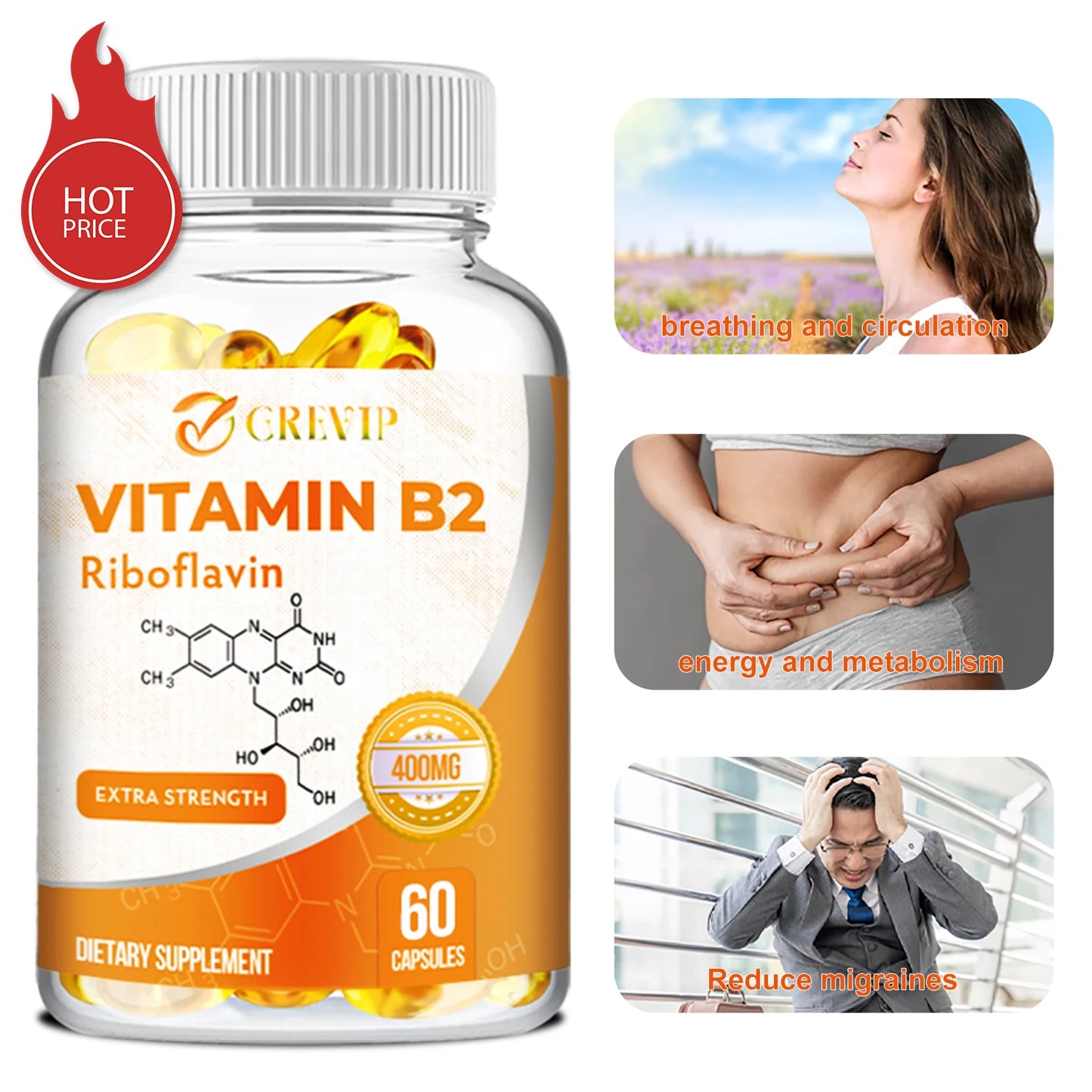 Vitamin B2 400mg - Promotes Energy Production and Metabolism, Support Brain Joint & Nervous System Health - 60 Capsules
